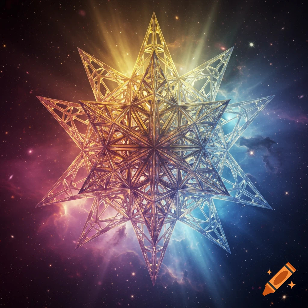A complex geometric star, glowing golden yellow and blue-purple, against a cosmic starry nebula.