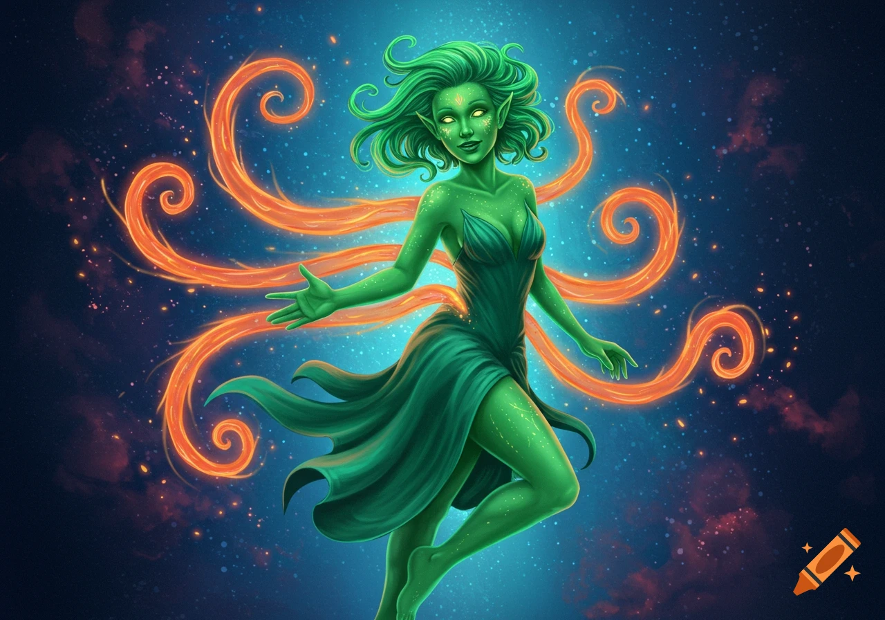 A green-skinned, elf-like woman with glowing eyes and hair floats against a cosmic blue and orange background, wearing a green dress and extending her hand. Orange, glowing tendrils swirl behind her.