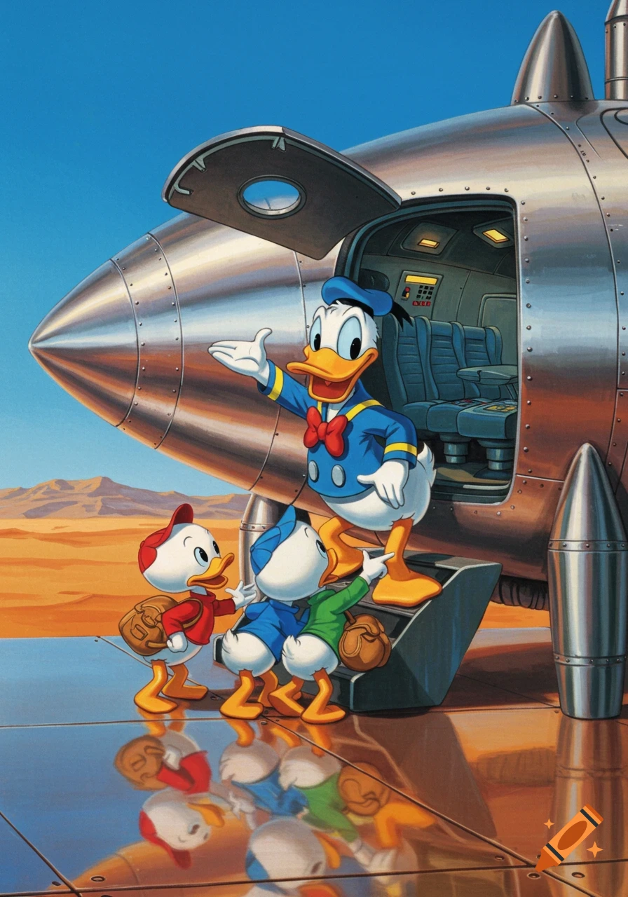 Donald Duck gestures to Huey, Dewey, and Louie as they board a silver rocket in a desert landscape, cartoon illustration.