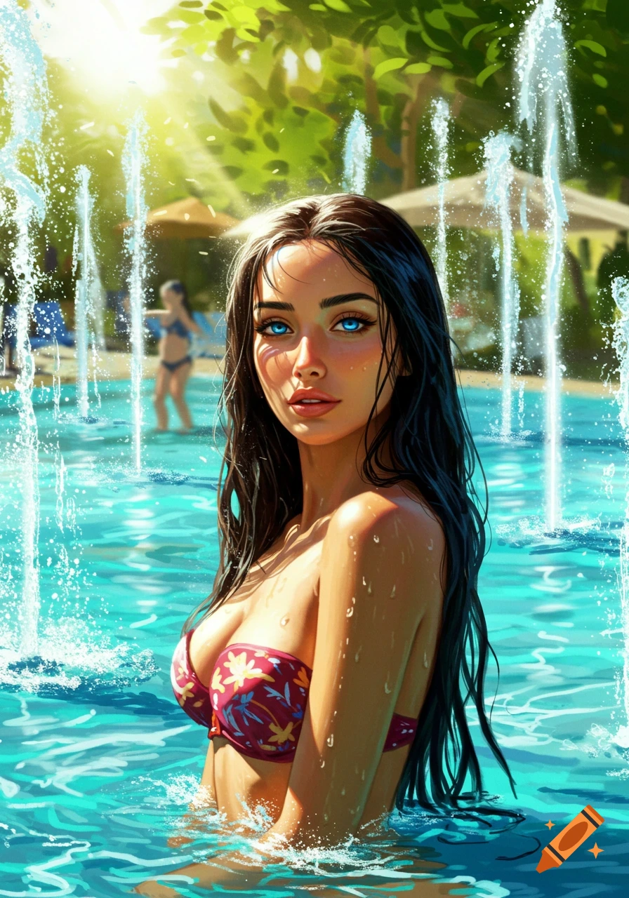Digital art of a woman with long dark hair and blue eyes in a bikini top, in a sunny water park with fountains.
