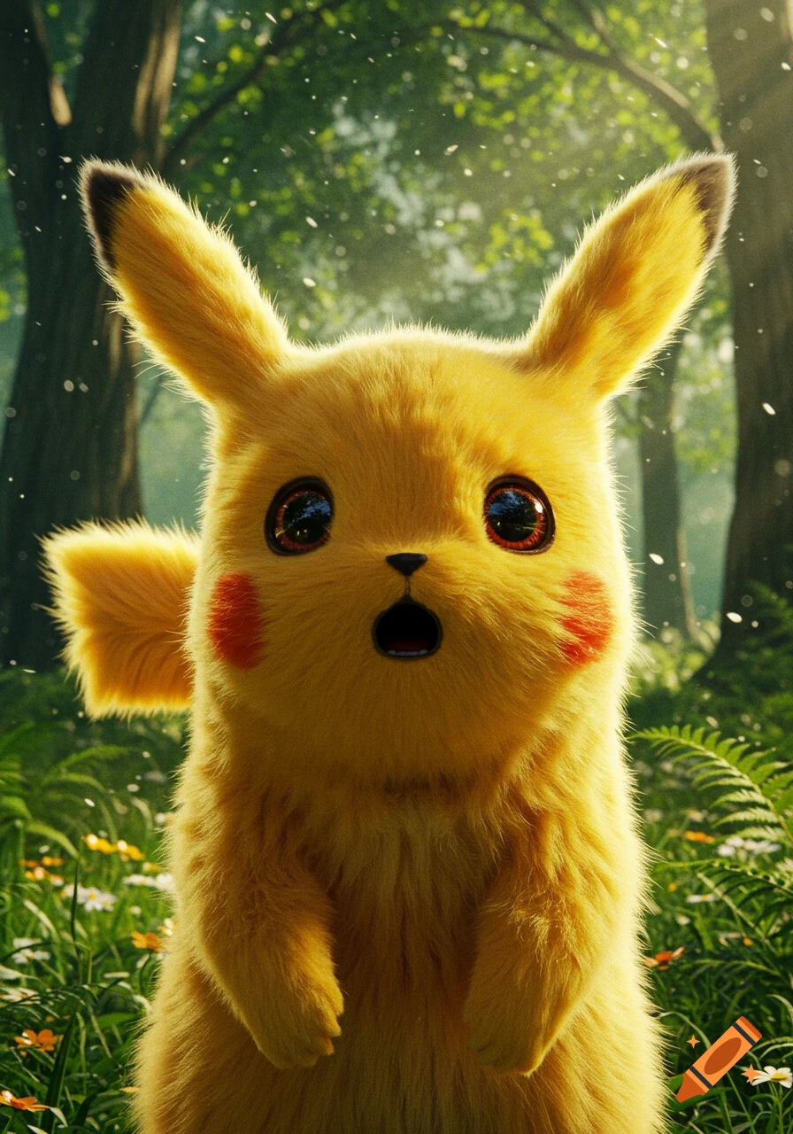 A close-up, hyper-realistic image of a surprised Pikachu with its mouth open, standing in a lush, sunlit forest.