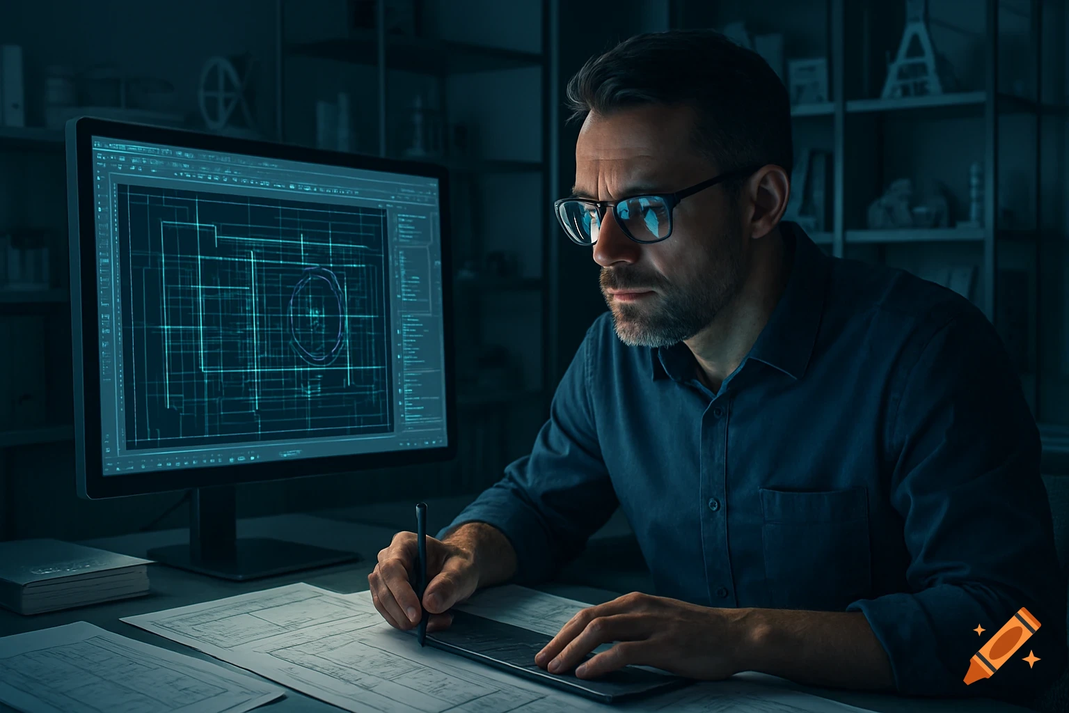 A man wearing glasses is intensely focused on a computer screen displaying engineering blueprints, while also drawing on papers at a desk in a dark room.