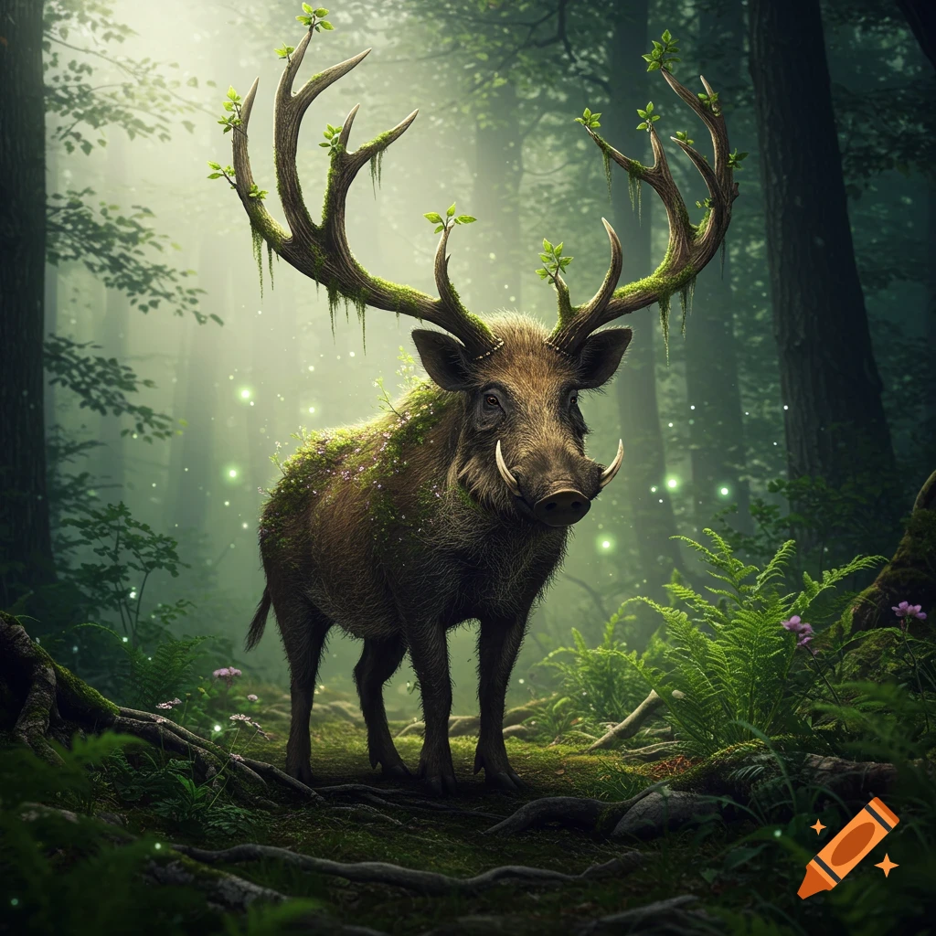 A majestic boar-like creature with large, mossy antlers adorned with green leaves and small flowers stands in a mystical, misty forest.