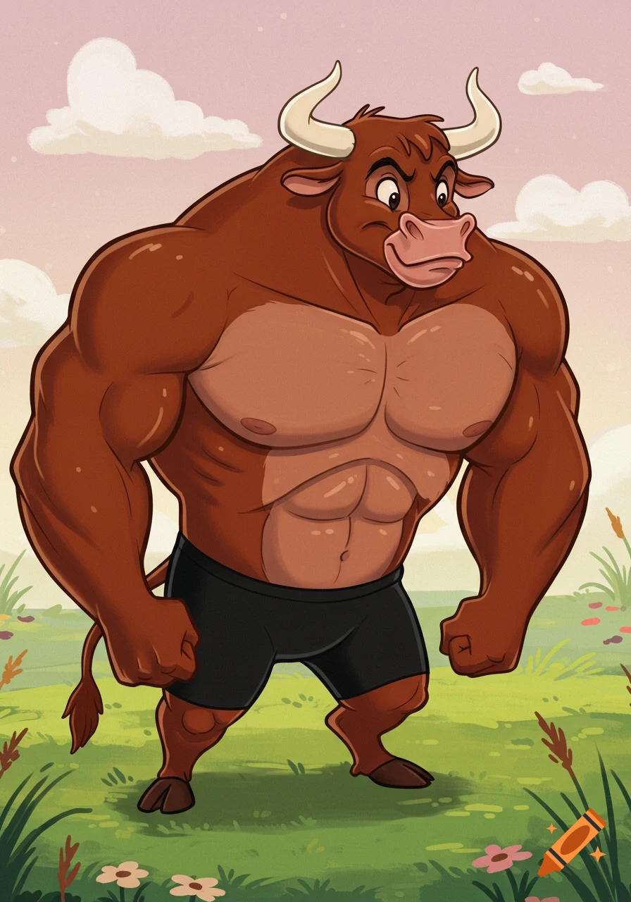 A muscular, brown cartoon bull with white horns stands in a grassy field wearing black shorts.