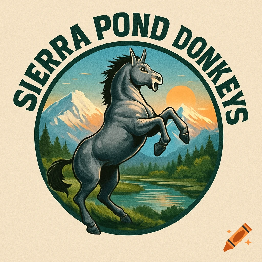 A stylized logo with a gray donkey rearing, a pond, mountains, and sunset, with 'SIERRA POND DONKEYS' text.