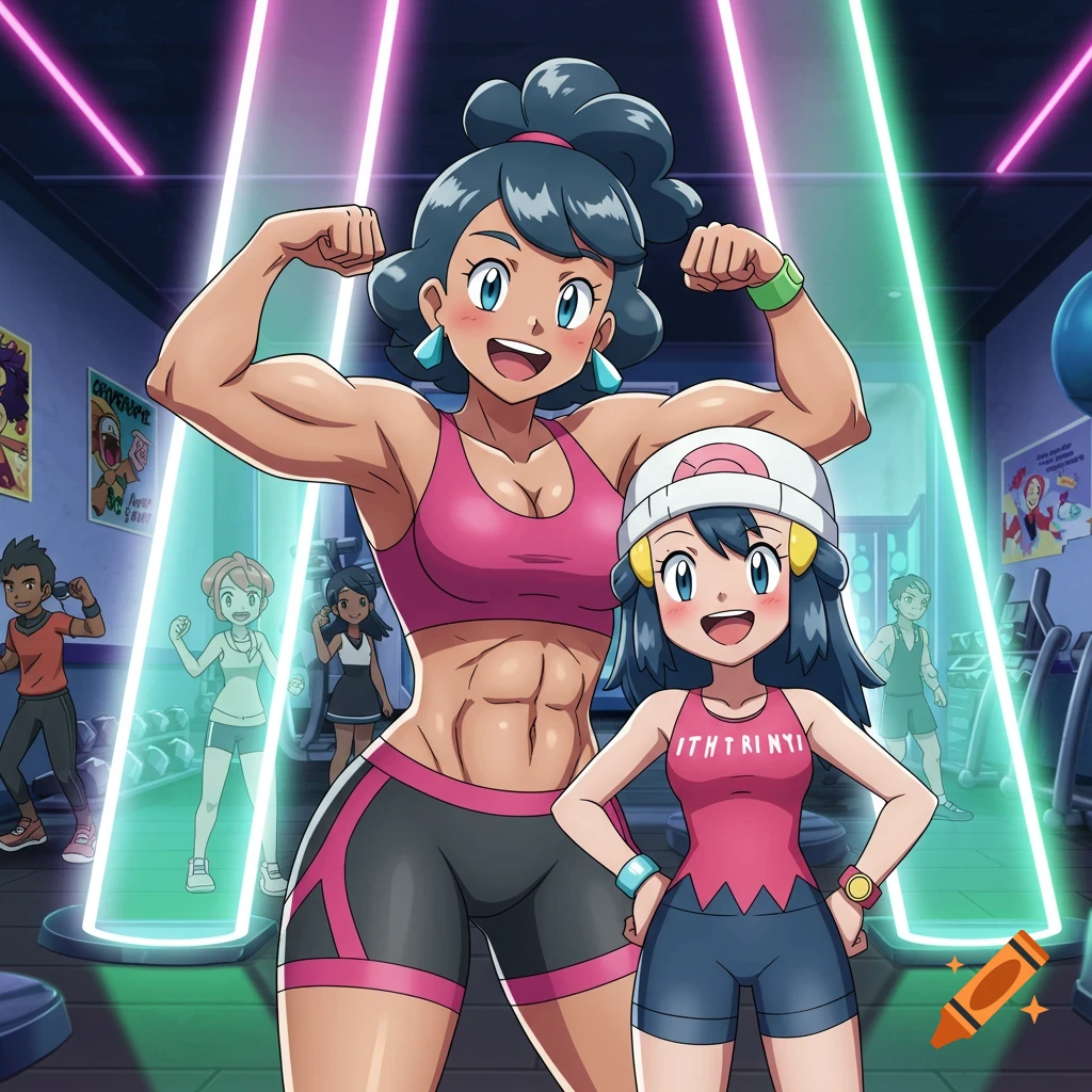 In an anime style, Dawn and her muscular mother pose in a gym. Dawn's mom flexes her biceps while Dawn stands beside her.