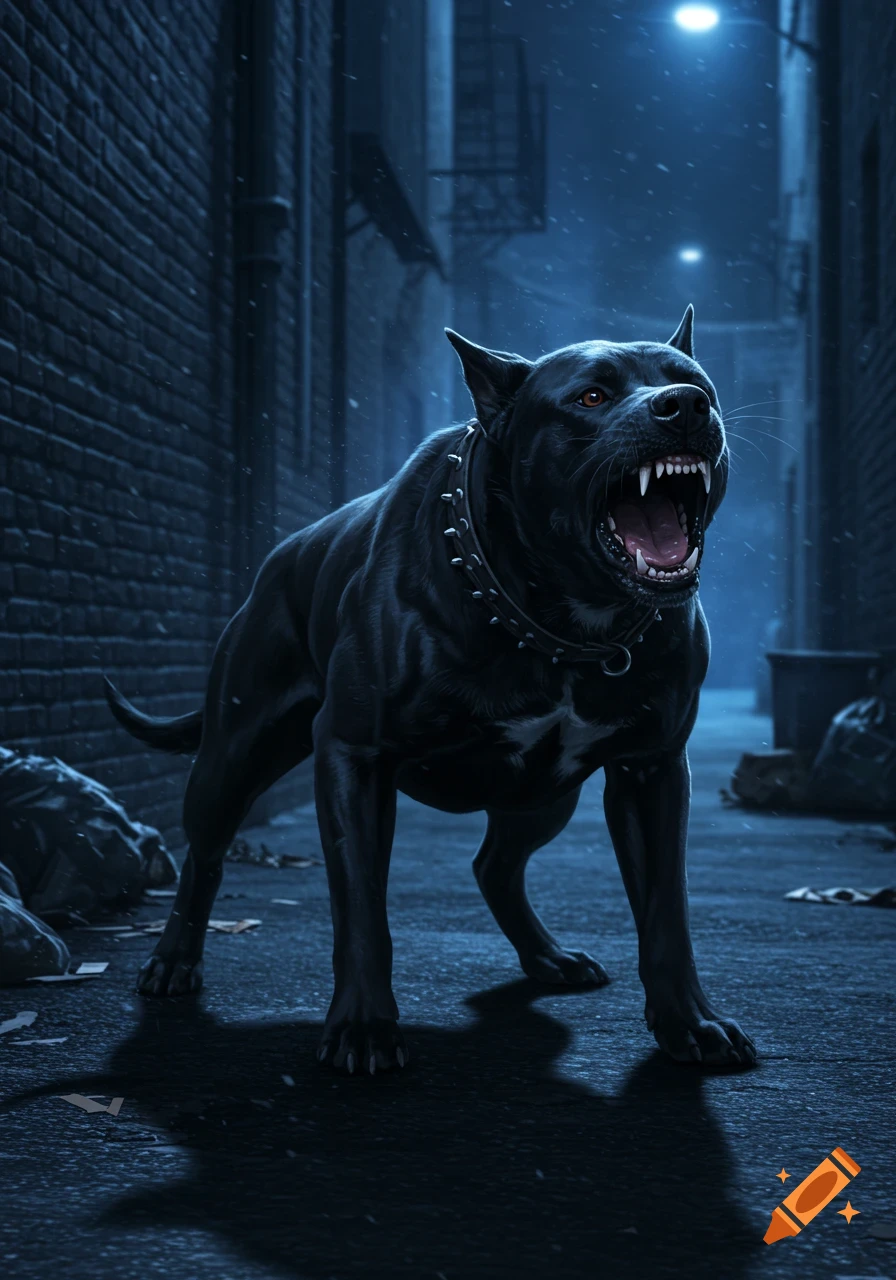 A snarling black dog with glowing red eyes stands aggressively in a dark, snowy urban alleyway at night, in a realistic digital art style.