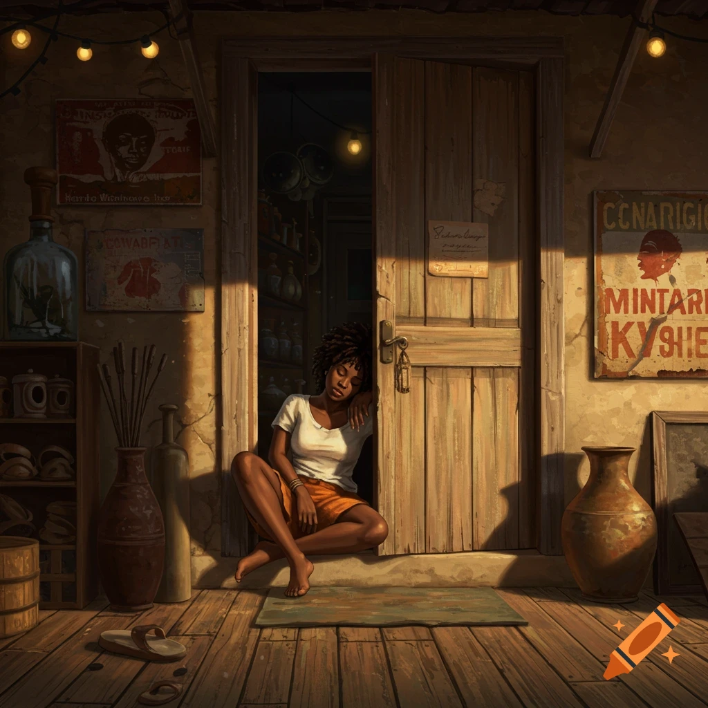 An African woman sleeps in the sunlit doorway of an old, rustic shop, surrounded by wooden textures, pottery, and old signs.