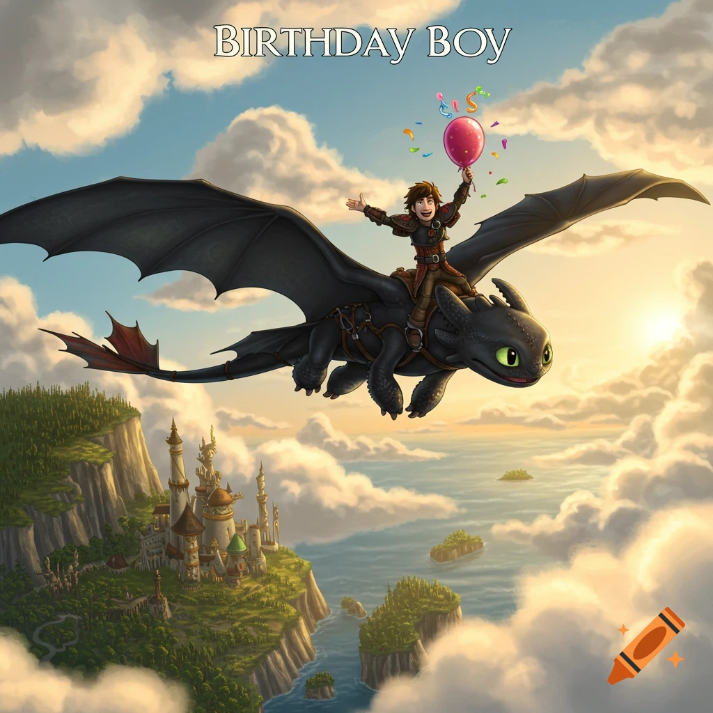 Hiccup rides Toothless through a cloudy sky, holding a red balloon and confetti, above a coastal castle and ocean. Text reads "BIRTHDAY BOY."