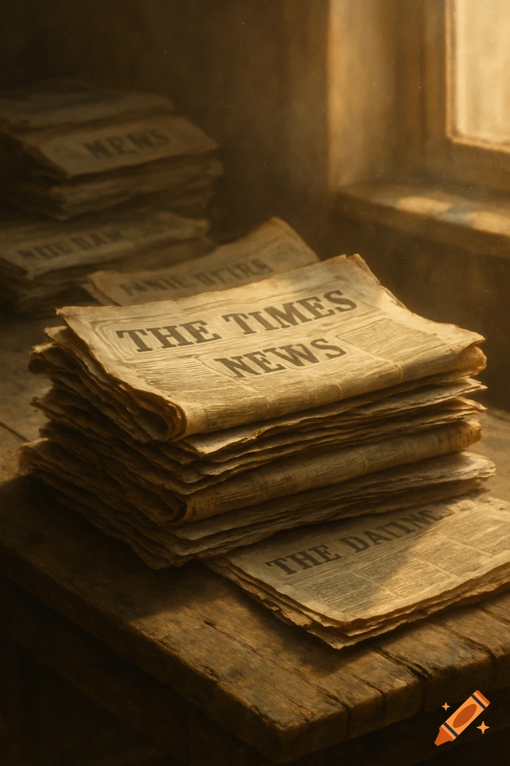 A stack of old, weathered newspapers sits on a rustic wooden table by a window, bathed in warm, soft light.