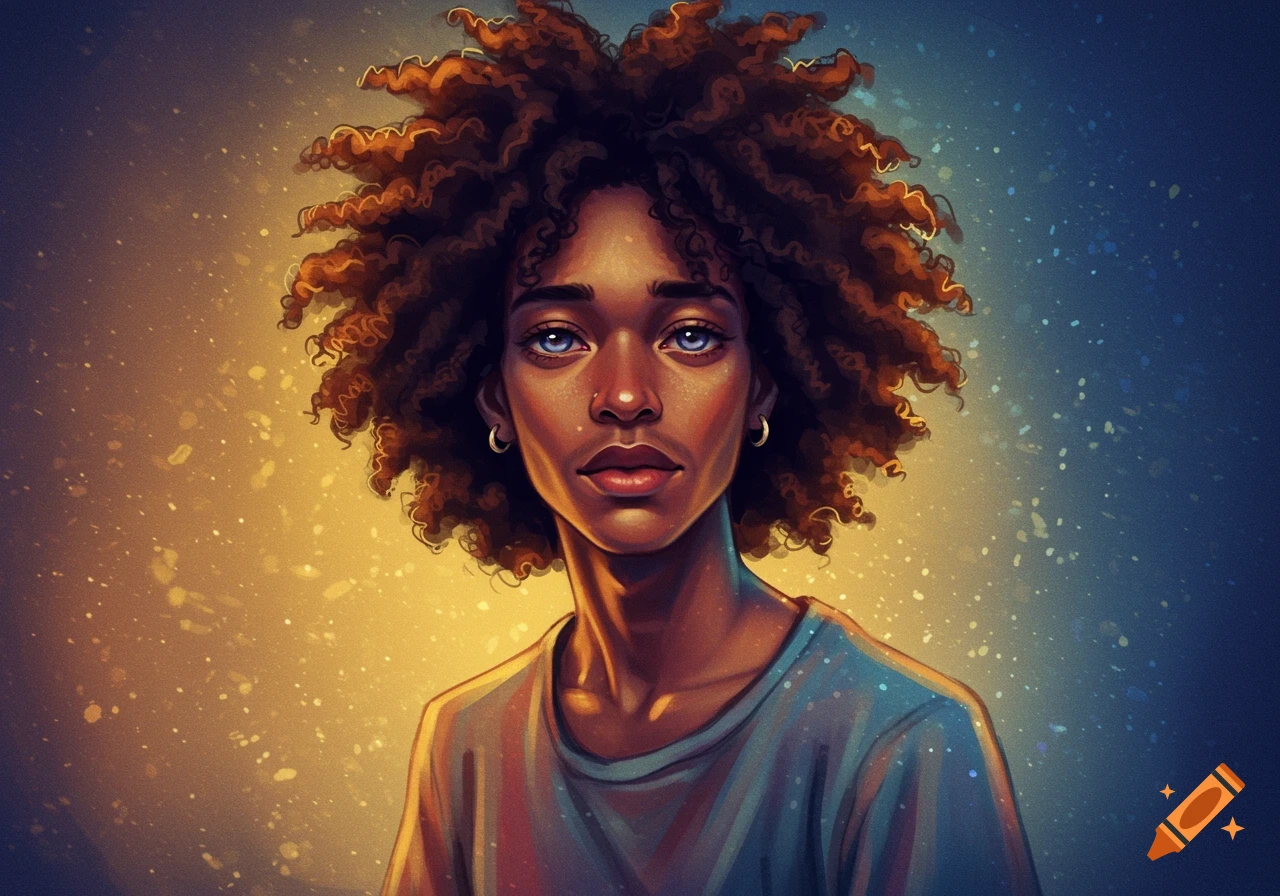 A soulful digital portrait of a person with curly brown hair and bright blue eyes, against a golden and blue speckled background.