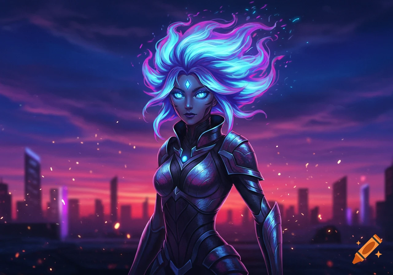 Anime female warrior with glowing blue eyes and violet-blue hair, in dark armor, against a futuristic city sunset.