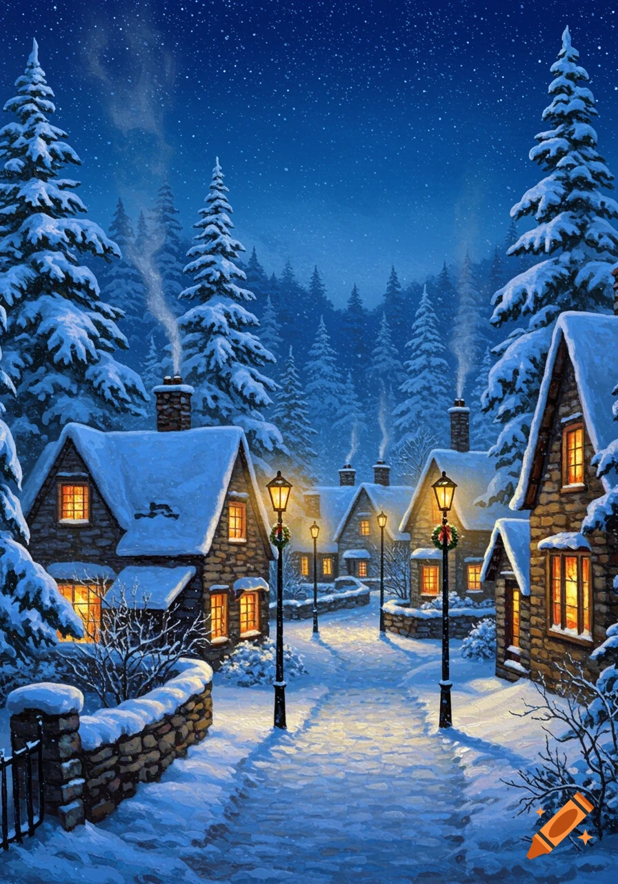 A painterly snowy winter village scene at night, with cozy stone cottages and illuminated street lamps amidst snow-covered pine trees.