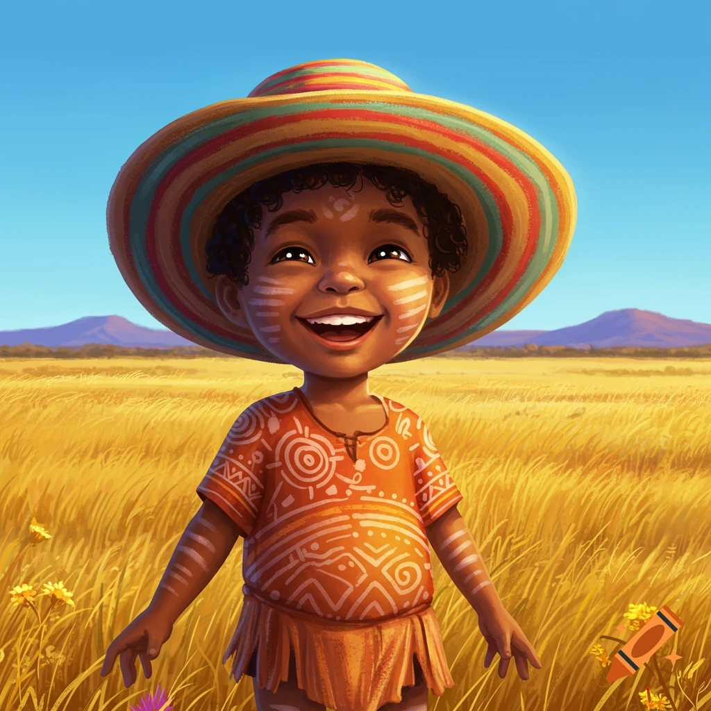 Happy cartoon child with tribal face paint, colorful hat, and patterned shirt stands in a golden field under a blue sky.