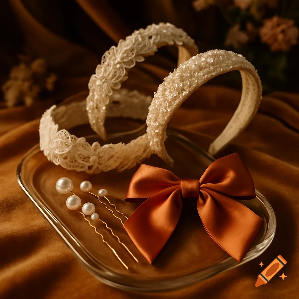 Two white lace headbands, pearl hairpins, and an orange satin bow on a clear tray, on a brown velvet surface.