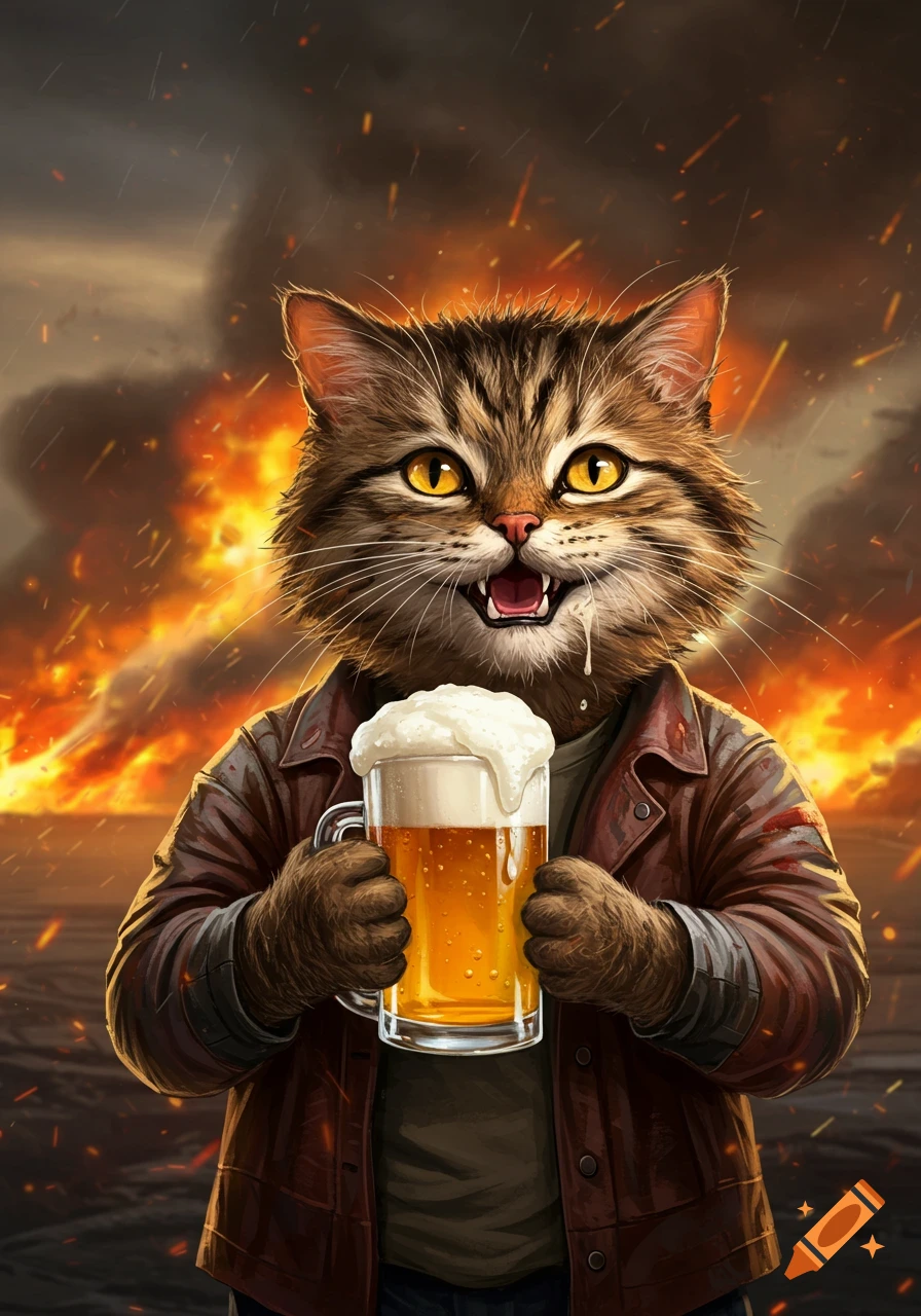 An anthropomorphic tabby cat in a leather jacket holds a foamy beer mug, smiling with drool, against an explosive, fiery background.