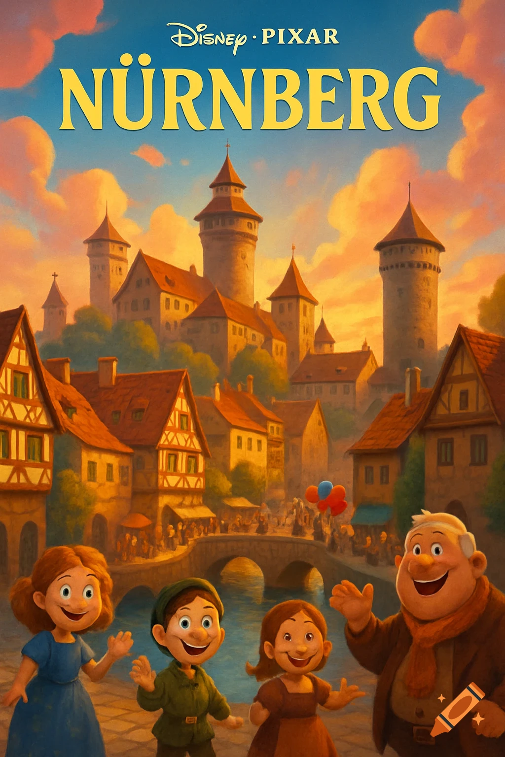 Disney Pixar style animated poster of a family waving in front of a colorful, historic Nuremberg cityscape at sunset.