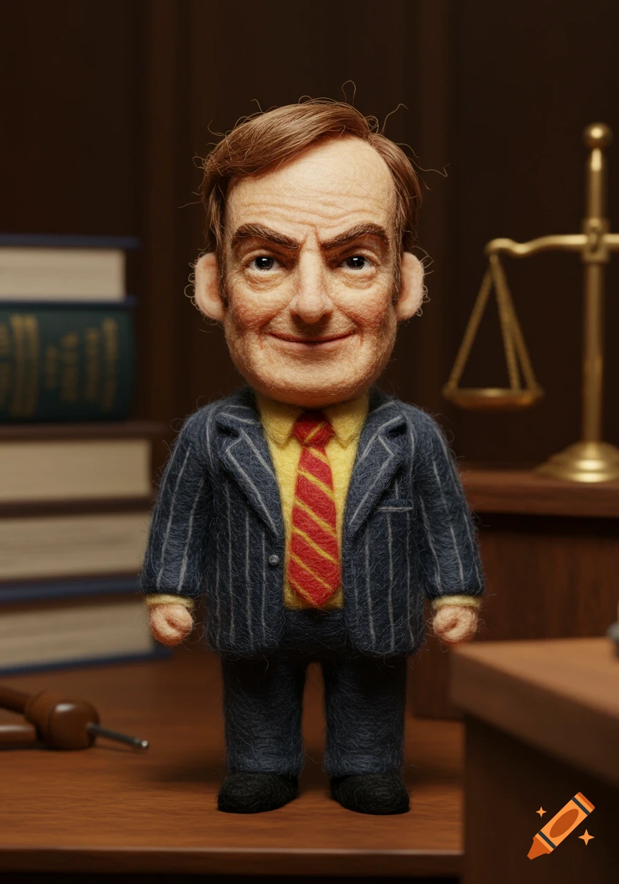 A needle-felted doll of Saul Goodman, wearing a pinstripe suit and yellow shirt with a red and yellow striped tie, stands in a law office setting.