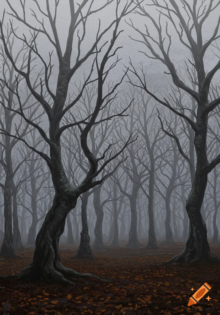 Dark Forest With Long Trees and Fog created on Craiyon