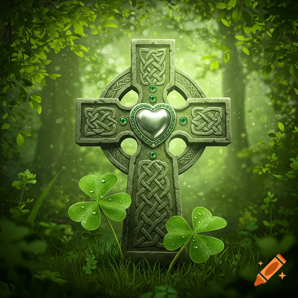 A detailed Celtic cross with a silver heart and emeralds, flanked by two shamrocks, stands in a vibrant green, sunlit forest.
