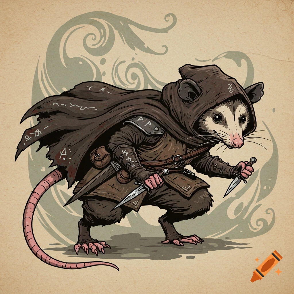 An illustration of a possum dressed as a Dungeons & Dragons rogue, holding two daggers, in a crouched stance.