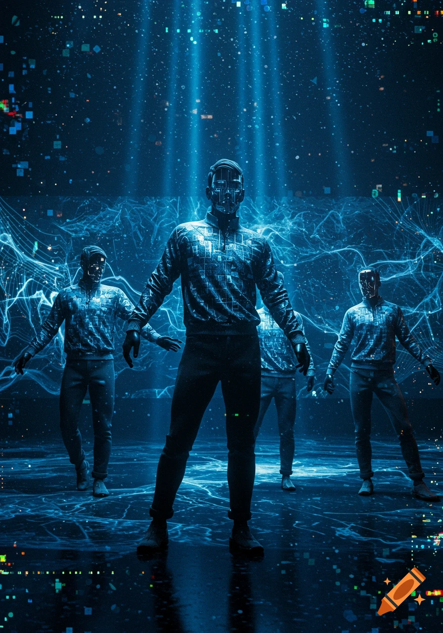 Three masked figures with circuit patterns on their clothing stand in a dark, glowing blue digital world under light beams.