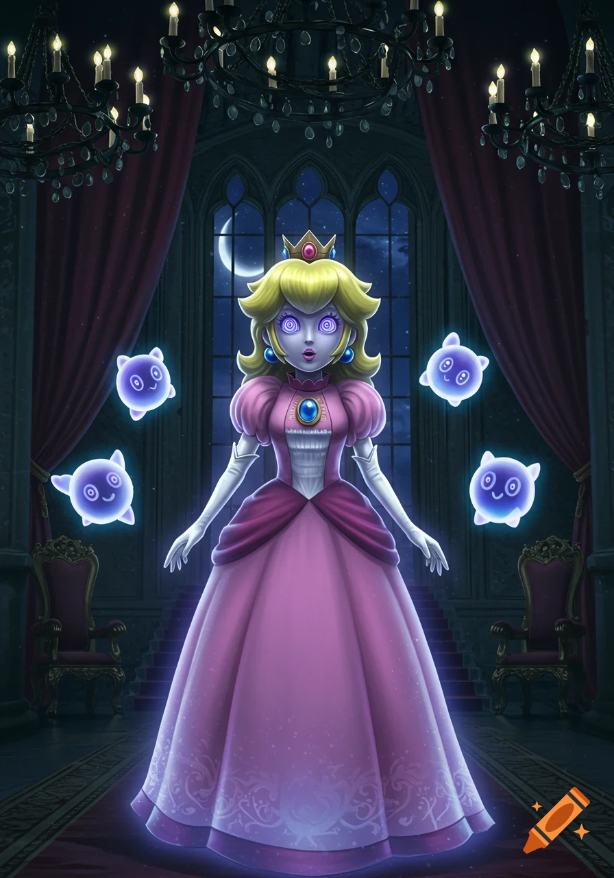 Princess Peach with swirling, mind-controlled eyes floats in a dark, gothic castle room with small, glowing ghosts.