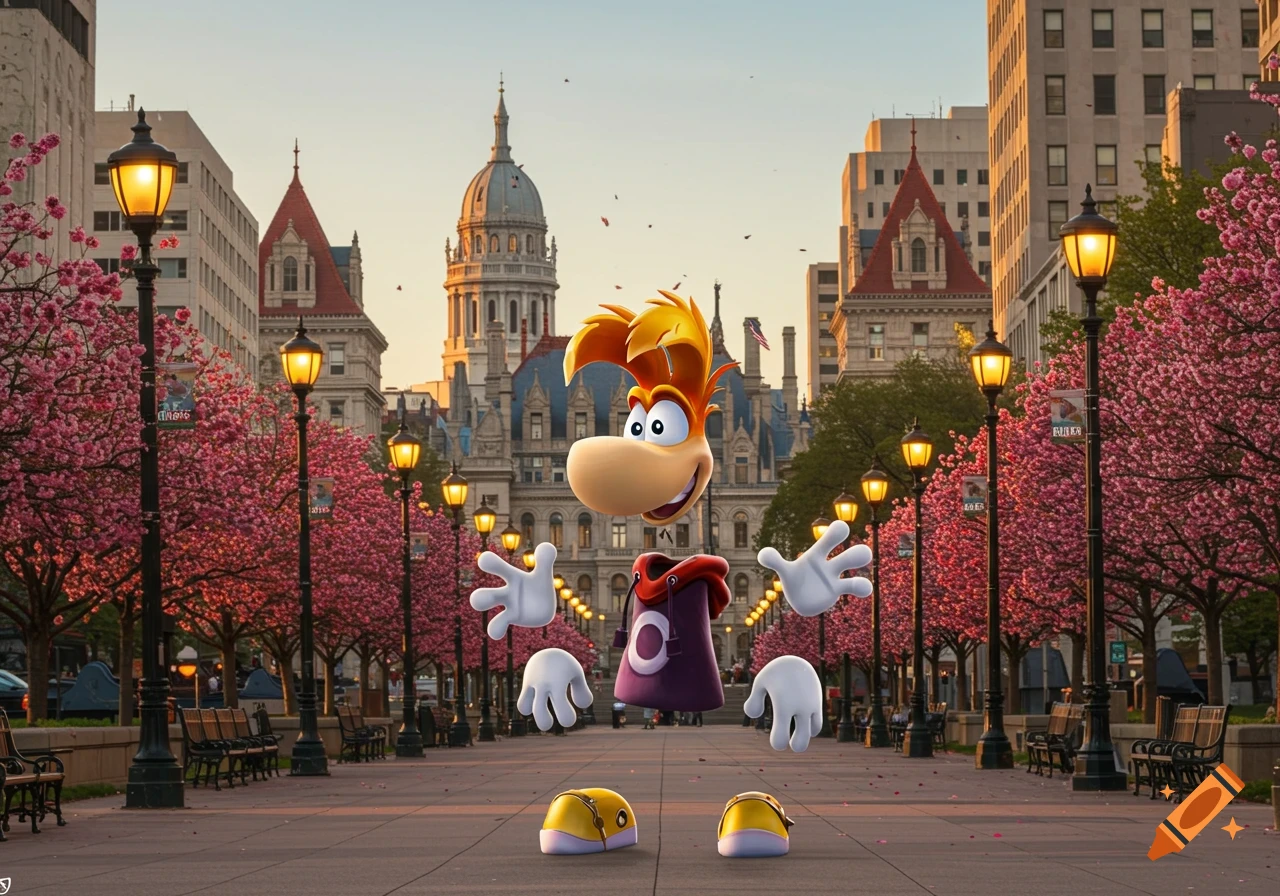 Rayman, a limbless cartoon character, floats on a cherry blossom-lined street in front of historic buildings in Albany, NY.