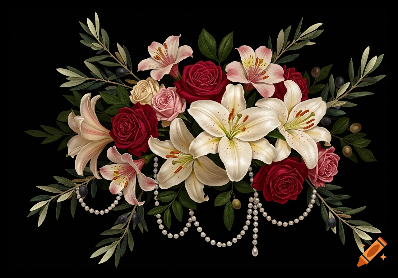 A vibrant bouquet featuring red roses, white lilies, pink alstroemeria, olive branches, and strands of pearls on a black background.