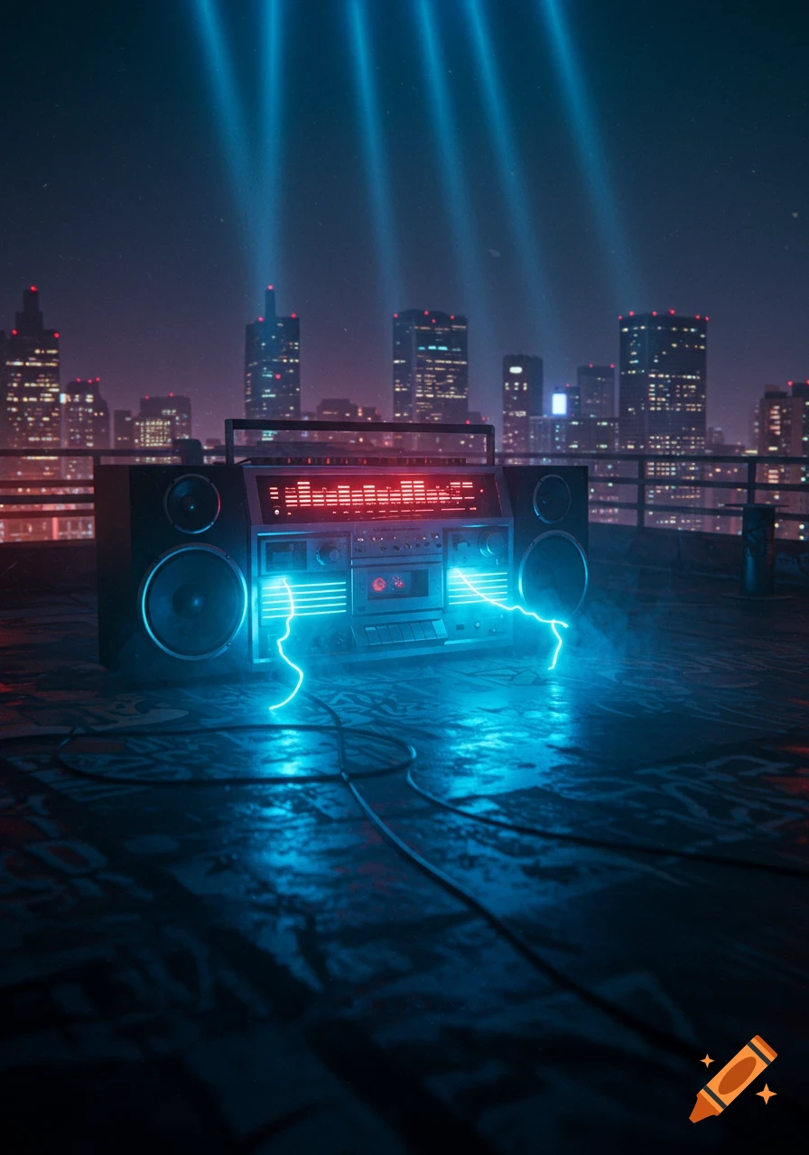 A boombox with glowing blue electricity sits on a city rooftop at night, with illuminated skyscrapers in the background.