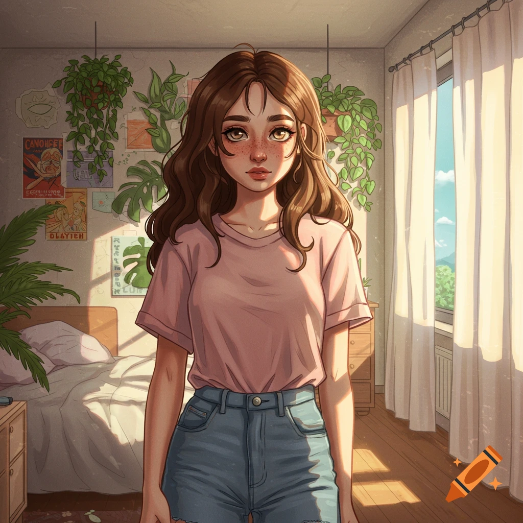 Anime-style illustration of a young woman with brown wavy hair and freckles, wearing a pink shirt and blue jeans, standing in a sunlit bedroom with plants.