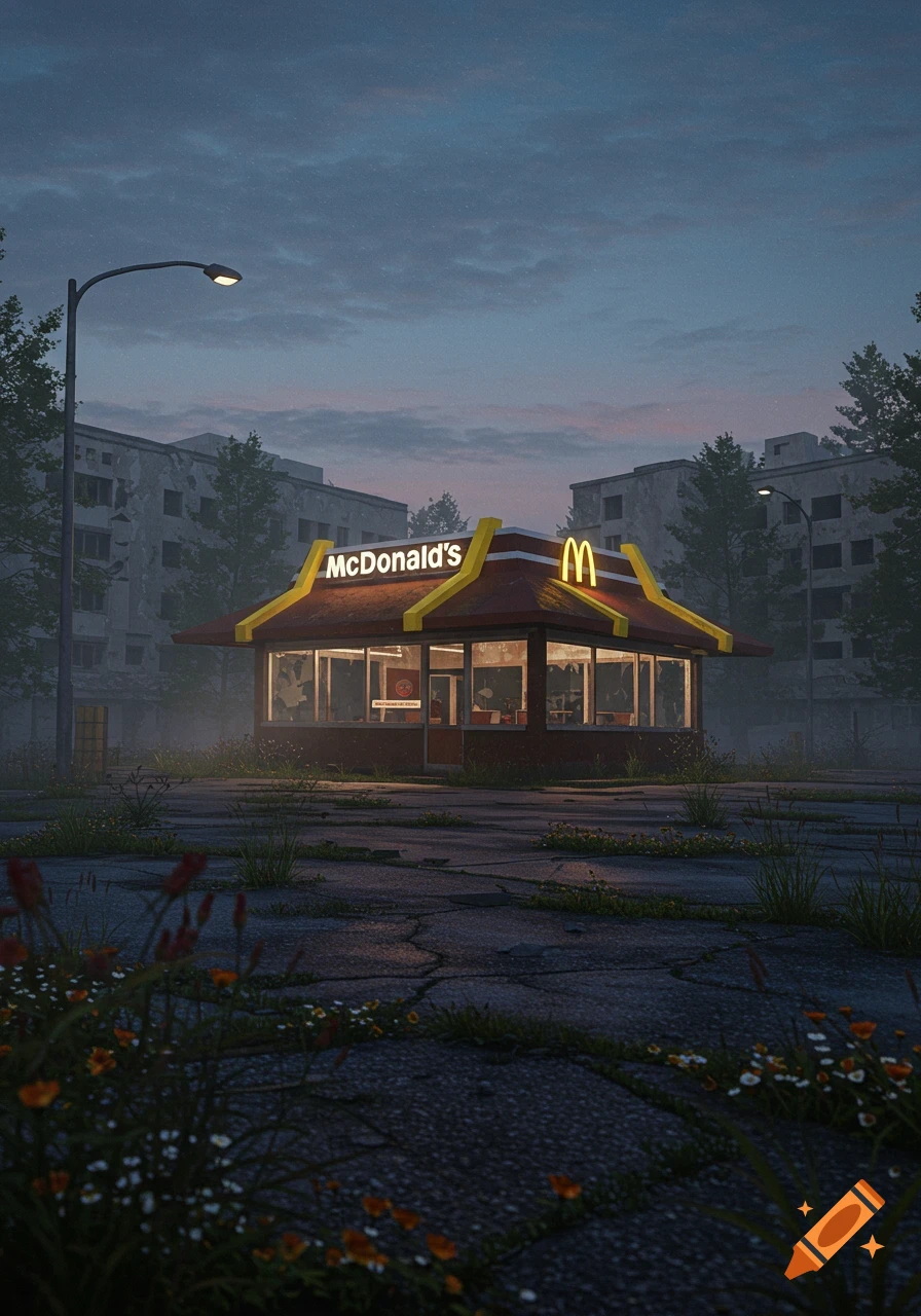 An abandoned McDonald's restaurant glows dimly at dusk in a desolate, overgrown city with crumbling buildings.