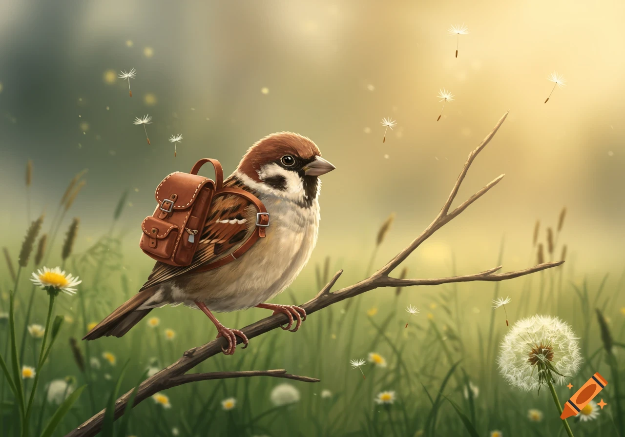 A brown and white bird wearing a small leather backpack sits on a branch in a sunny meadow with dandelions and floating seeds.