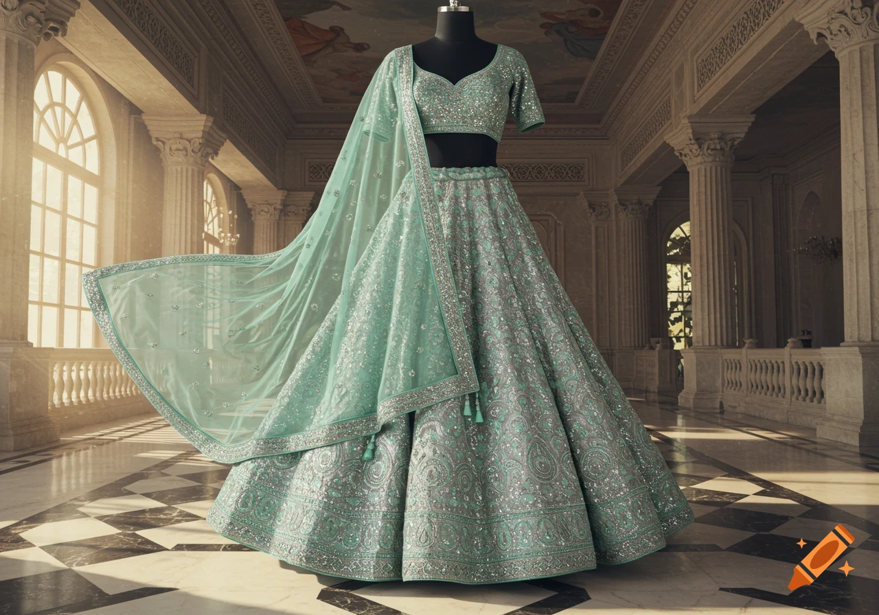 A heavily embroidered mint-green and silver lehenga on a mannequin in a grand hall with classical architecture.