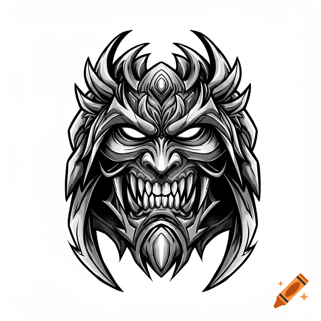 A stylized grayscale monster mask with sharp teeth, glowing eyes, and ornate details on a white background.