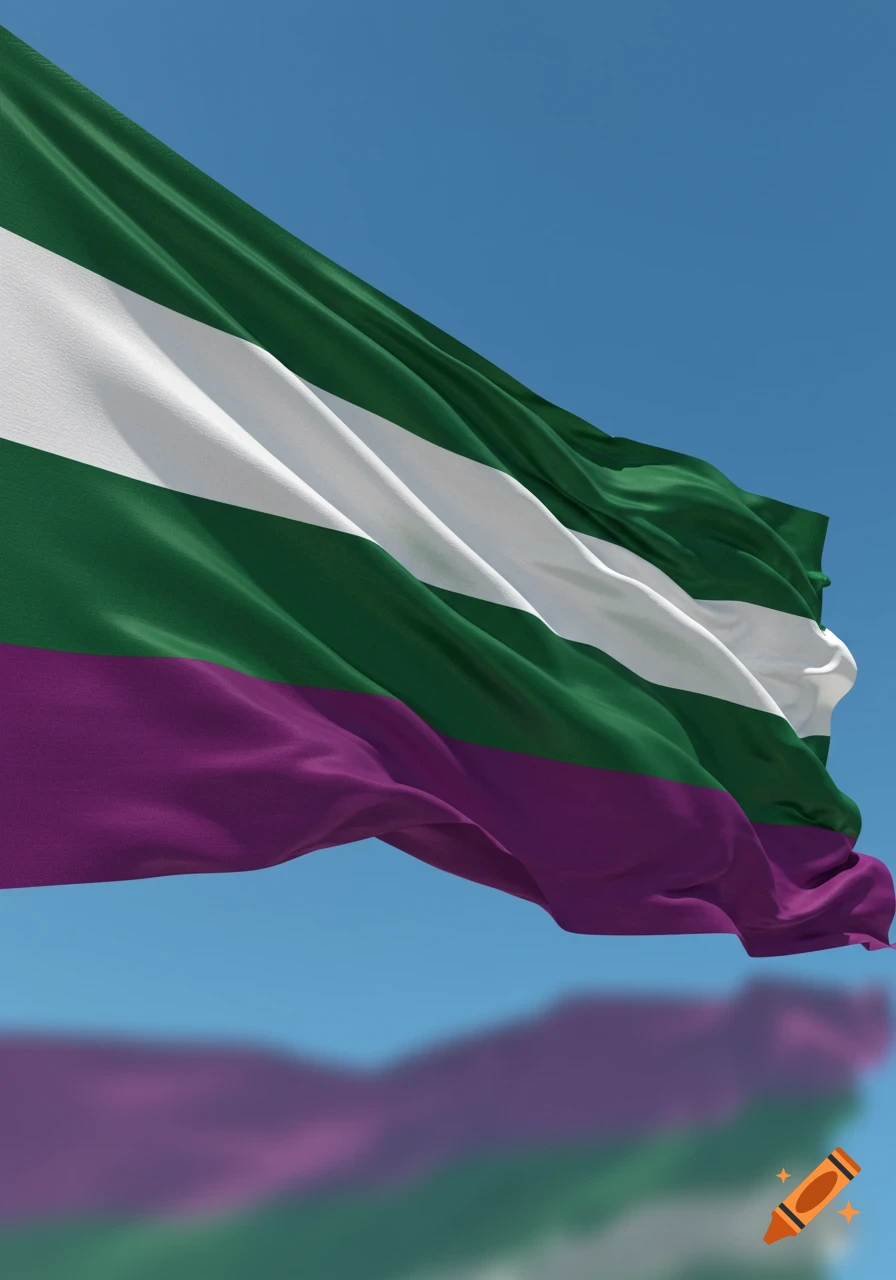 A flag with green, white, and purple stripes waving against a blue sky, with a blurred reflection below.