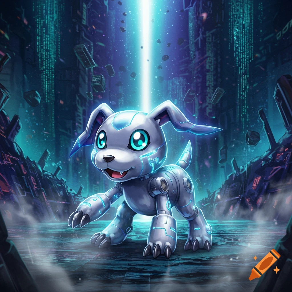 A cute robotic dog Digimon with glowing blue eyes stands in a futuristic digital city under a light beam.