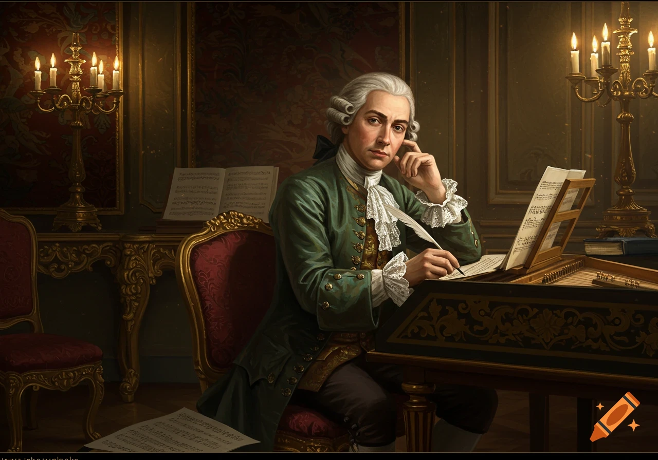 A Baroque composer in a green coat and white wig sits at a harpsichord, writing music with a quill in a dimly lit, ornate room.