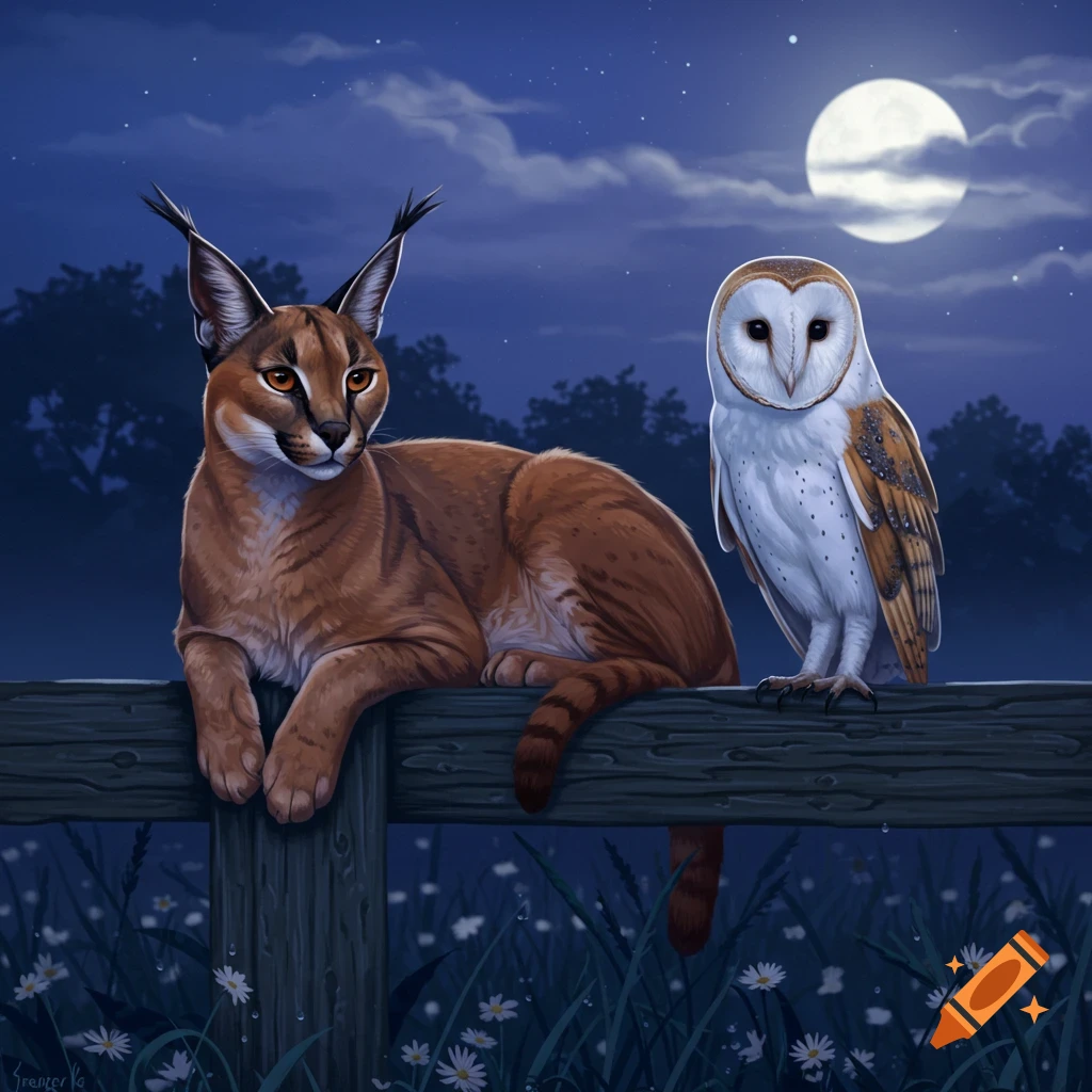 A detailed illustration of a caracal and a barn owl sitting on a wooden fence at night under a full moon, surrounded by white flowers.