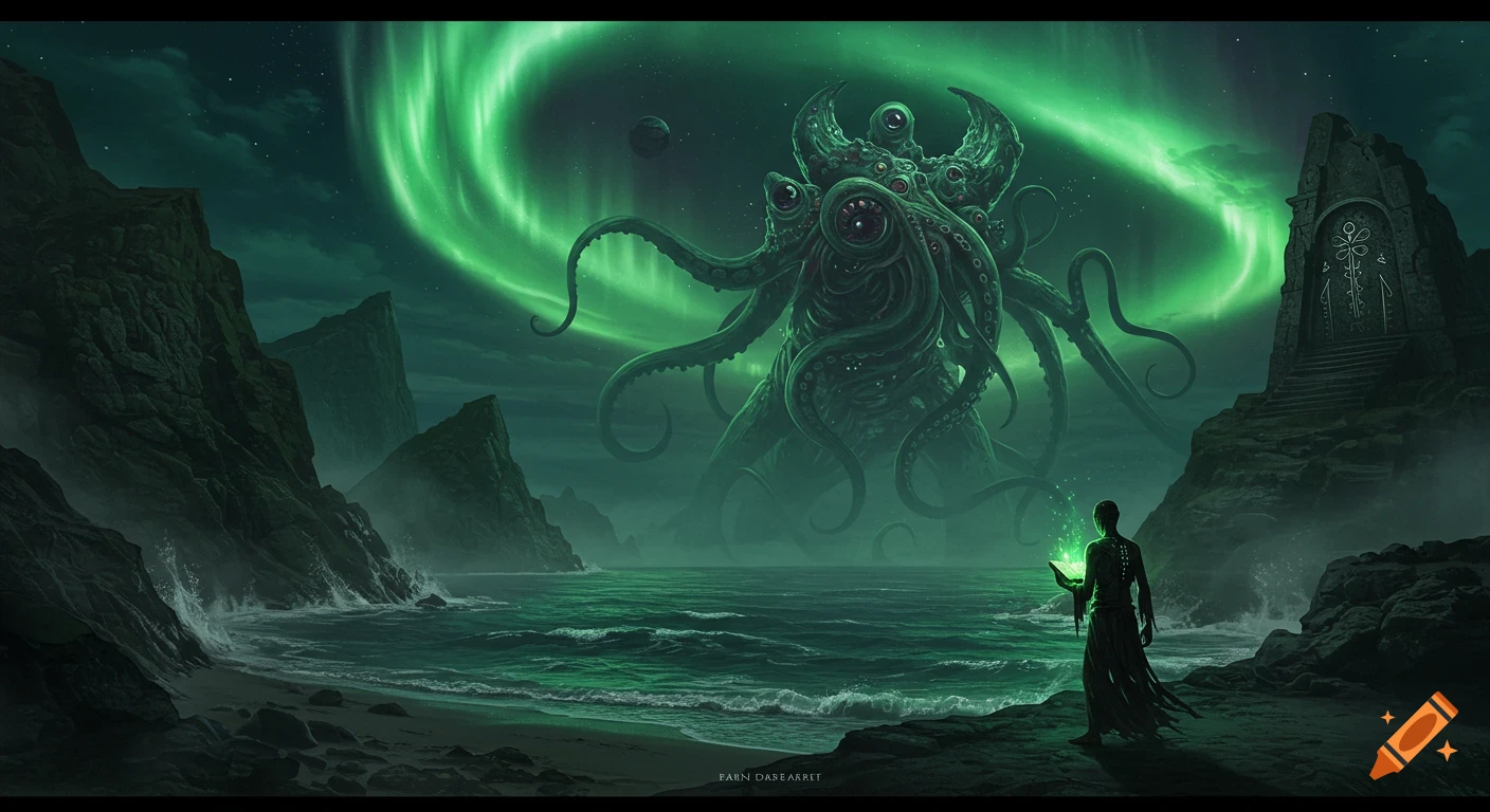 A colossal, tentacled creature with multiple eyes emerges from a roiling, dark green ocean under a sickly green aurora. A robed figure stands on a rocky shore, holding a glowing book, facing ancient ruins.