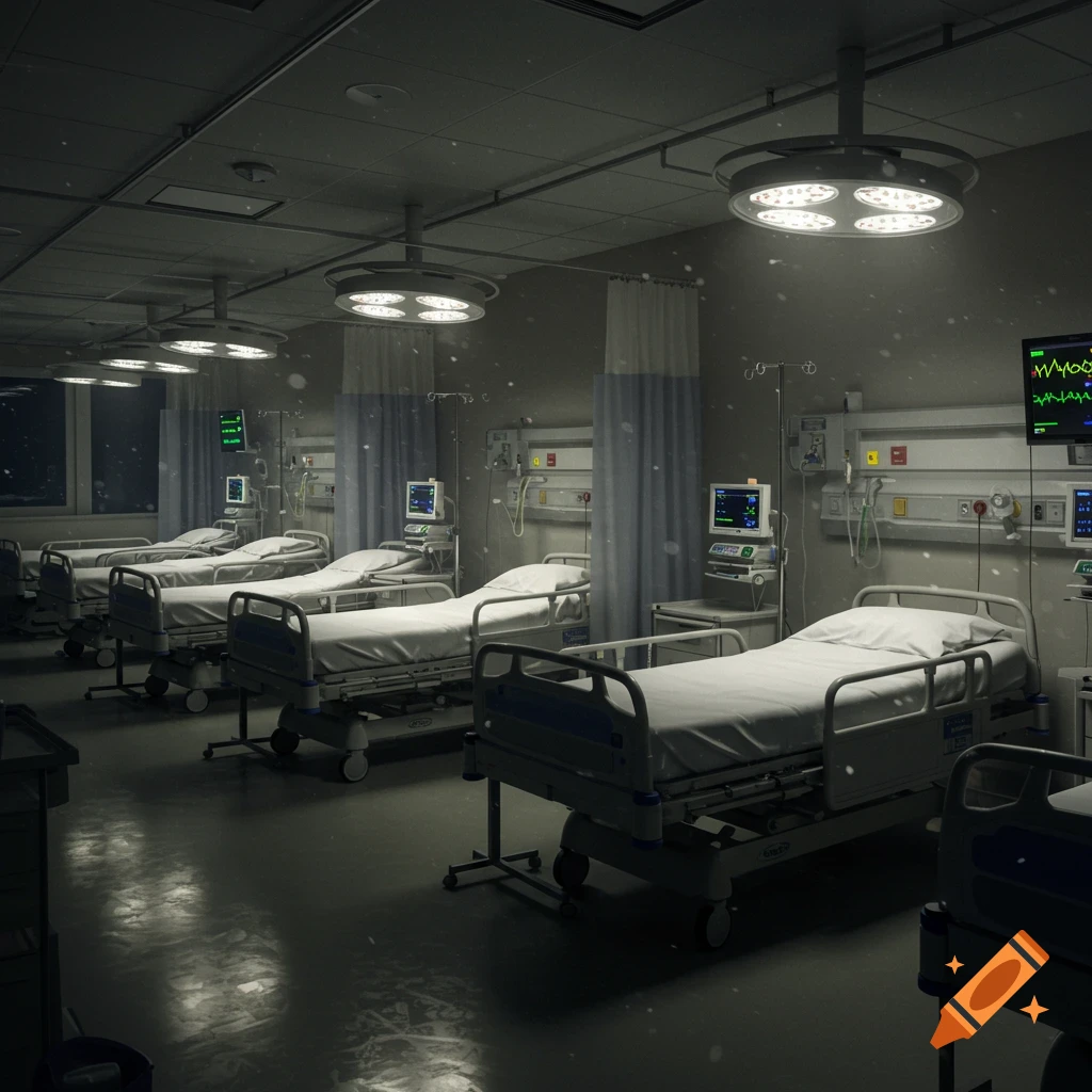 A dark, empty hospital room at night, with multiple unoccupied beds, medical equipment, and bright overhead lights illuminating the space.