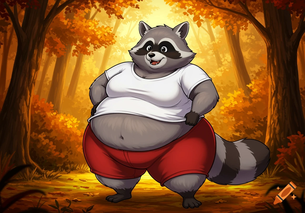 A fat cartoon raccoon wearing a white t-shirt and red shorts, standing in an autumn forest.