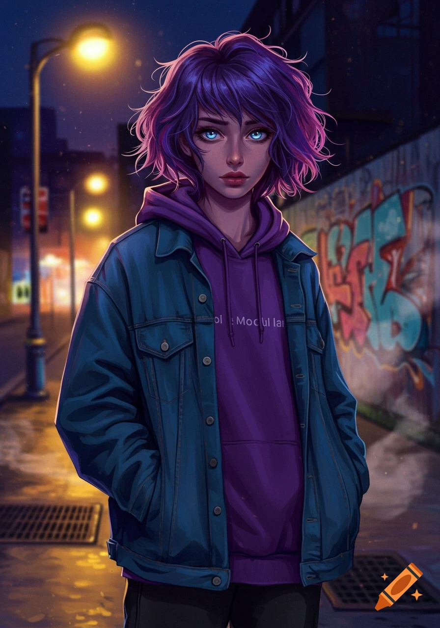 Stylized illustration of a person with purple hair and blue eyes in a hoodie and denim jacket on a dark urban street.