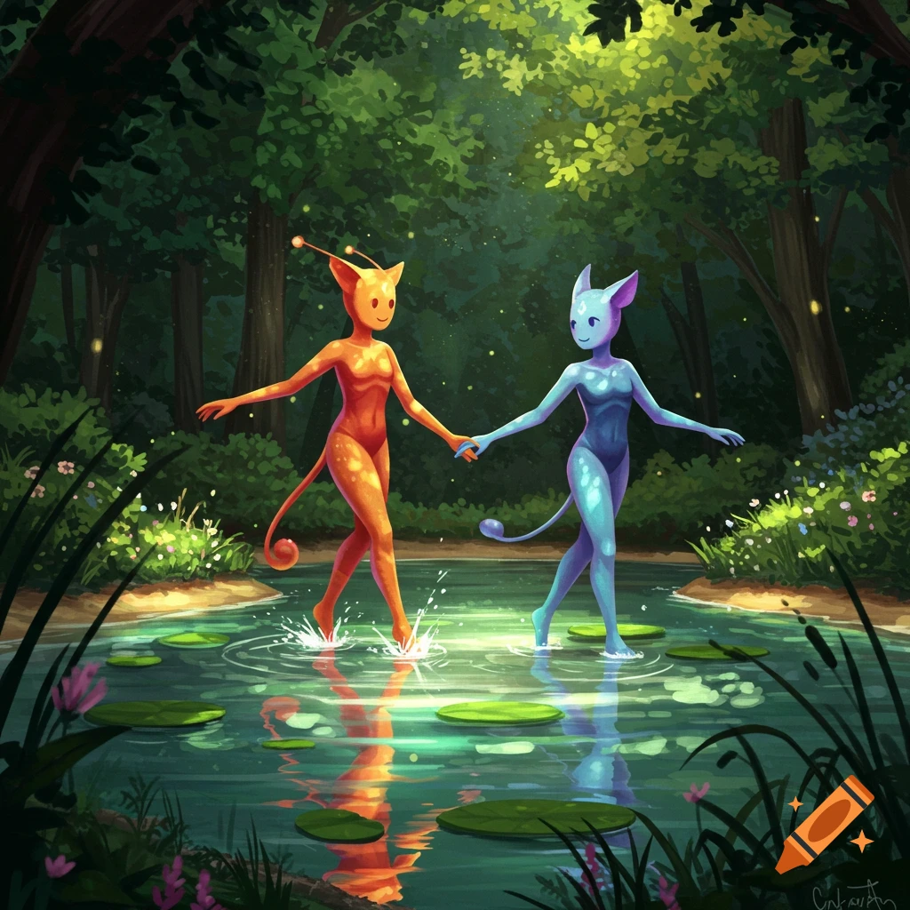 Two orange and blue humanoid, cat-like creatures hold hands, wading through a sunlit forest pond with lily pads.
