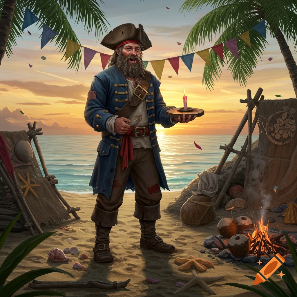 A bearded pirate stands on a beach at sunset, holding a lit candle, with flags, palm trees, and a campfire.