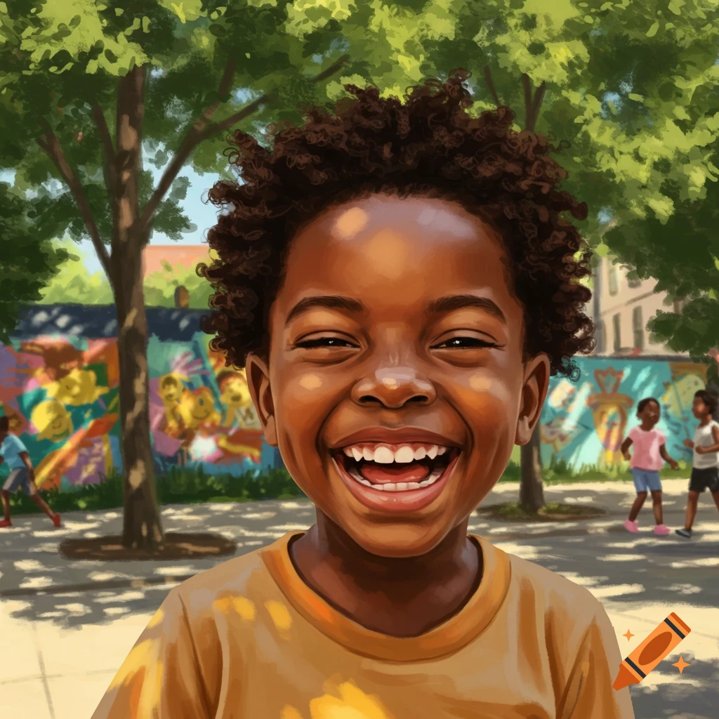 A young Black boy with curly hair laughs joyfully, looking at the viewer. He is in a park with a colorful mural in the background.