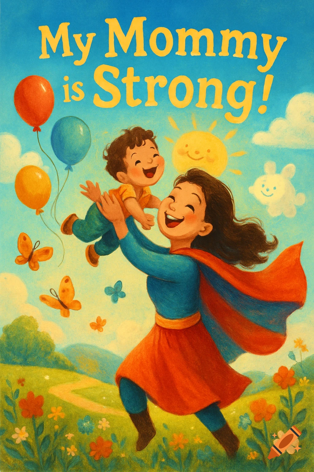 A cheerful illustration of a mother in a superhero cape lifting her laughing baby boy under a sunny sky with balloons and butterflies. The text reads "My Mommy is Strong!".