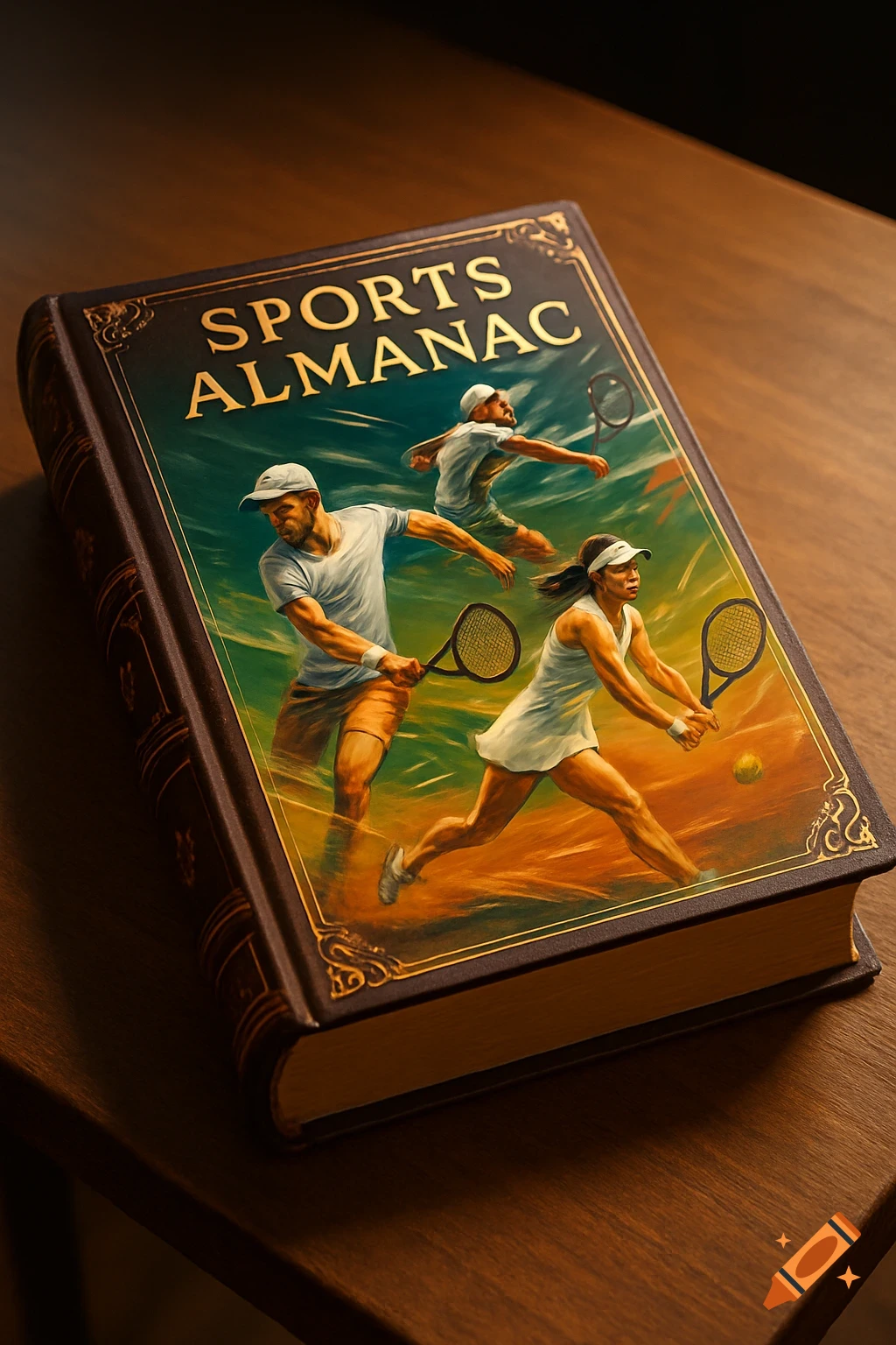 An antique-style book titled 'SPORTS ALMANAC' with an illustration of tennis players on its cover, on a wooden table.