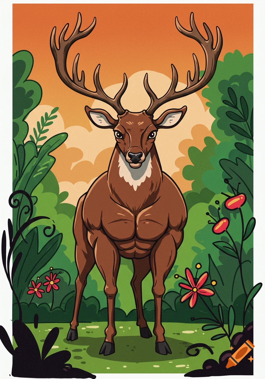 A muscular cartoon deer with large antlers stands in a vibrant forest with red flowers.