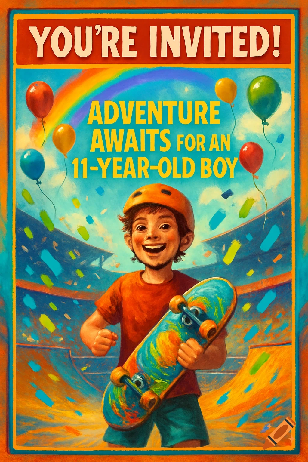 A vibrant birthday invitation poster featuring a smiling boy in a helmet holding a skateboard, surrounded by balloons, a rainbow, and confetti in a skate park.